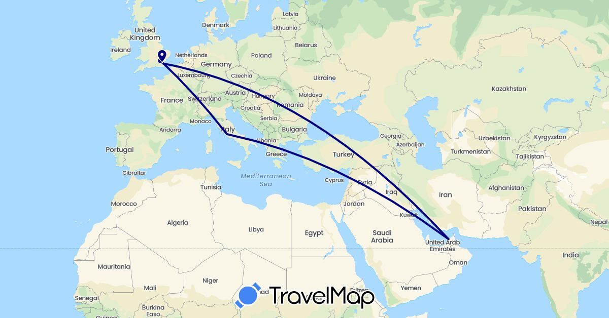TravelMap itinerary: driving in United Arab Emirates, United Kingdom, Italy (Asia, Europe)